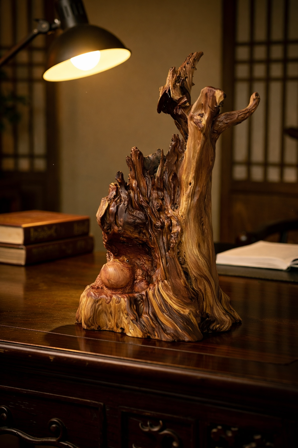 台灣龍柏樹頭樹洞金蟾 | 木雕擺件