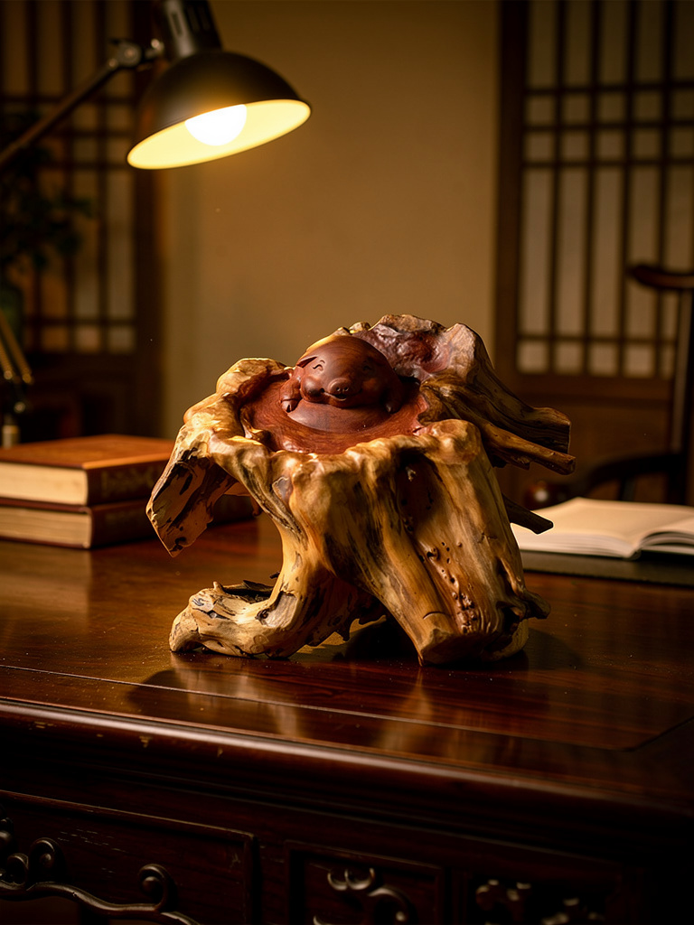 臺灣龍柏樹頭泡澡豬 ｜ 木雕擺件